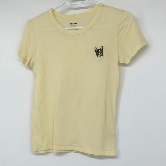 Aritzia Sunday Best Candy crewneck pastel yellow t-shirt Bulldog patch - Picture 6 of 16